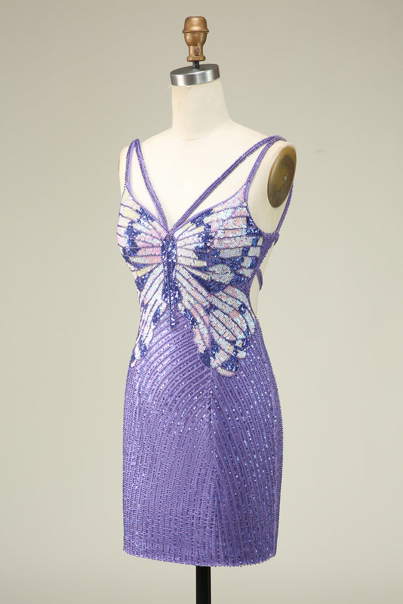 Purple Homecoming Dresses Sequined Lace-Up Back Tight Short Cocktail Dresses