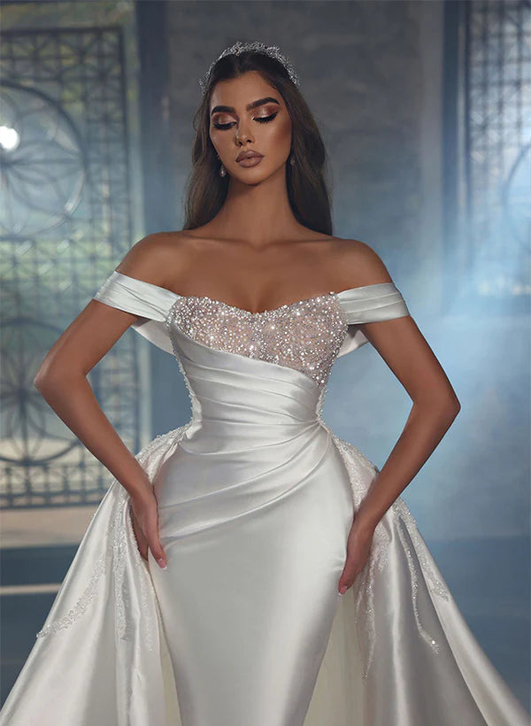 Off The Shoulder Court Train Satin Wedding Dress With Panel Train