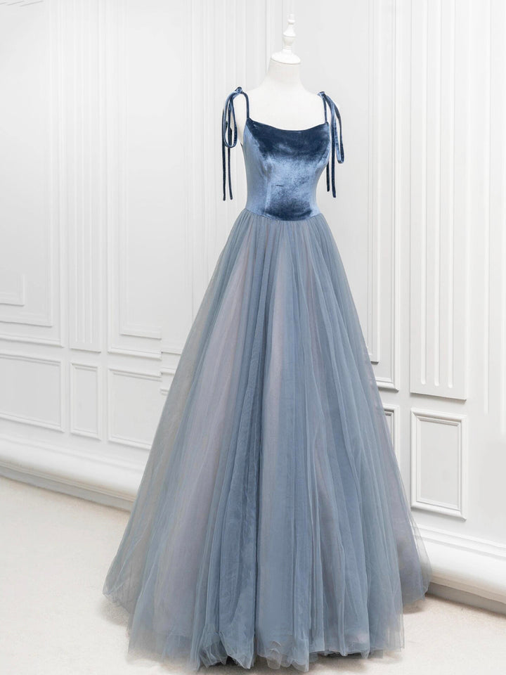 Luolandi A-Line Velvet Tulle Long Prom Dress Gray Blue Spaghetti Strap Evening Party Dress Floor Length