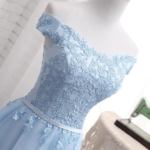 Luolandi Beautiful Light Blue Off Shoulder Tulle Party Dress Homecoming Dress with Appliques