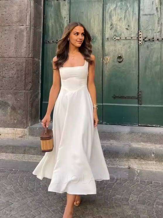 Luolandi Elegant Women's Dress Fashion Square Neck Sleeveless A-line Simple Party Dress Beach Party Streetwear Formal Dress
