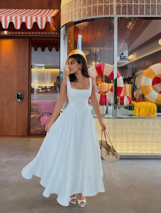 Luolandi Elegant Women's Dress Fashion Square Neck Sleeveless A-line Simple Party Dress Beach Party Streetwear Formal Dress