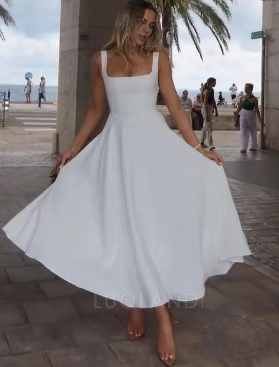 Luolandi Elegant Women's Dress Fashion Square Neck Sleeveless A-line Simple Party Dress Beach Party Streetwear Formal Dress