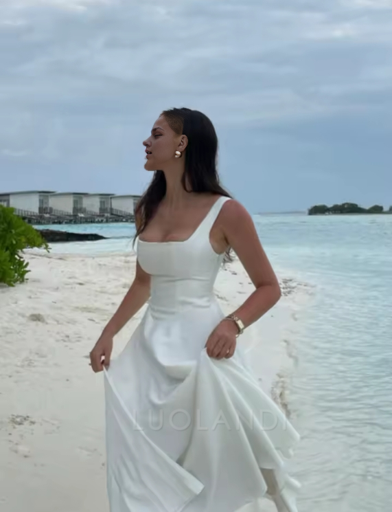 Luolandi Elegant Women's Dress Fashion Square Neck Sleeveless A-line Simple Party Dress Beach Party Streetwear Formal Dress