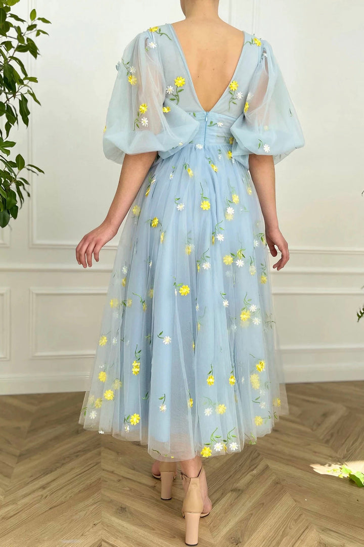 Luolandi Blue V-Neck Tulle Lace Short Prom Dress Cute Short Sleeve Party Dress Homecoming Dresses With Flowers