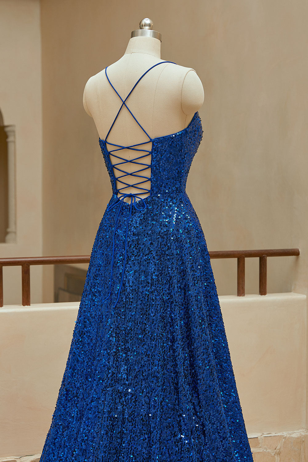 Luolandi A Line Spaghetti Straps Sequin Prom Dresses With Slit Sparkly Evening Dresses