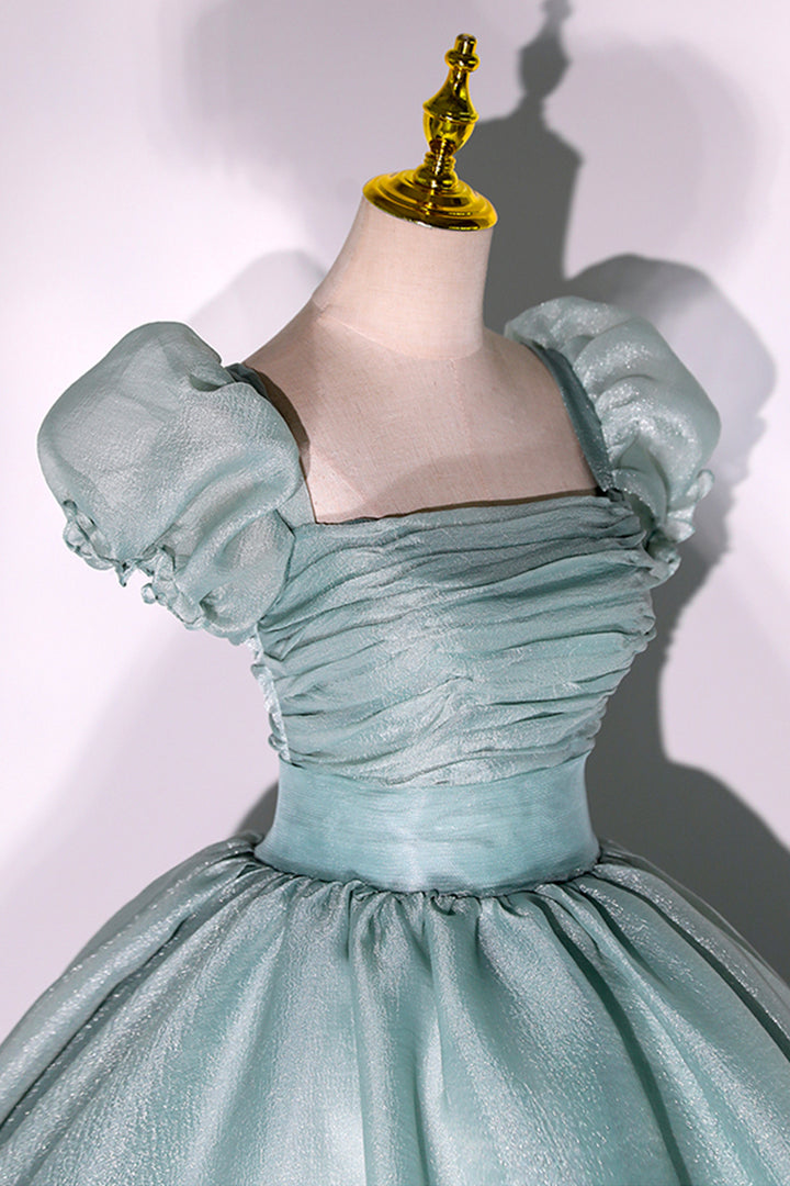 Luolandi Green Tulle Floor Length Prom Dress Lovely Short Sleeve Formal Evening Gown Beautiful