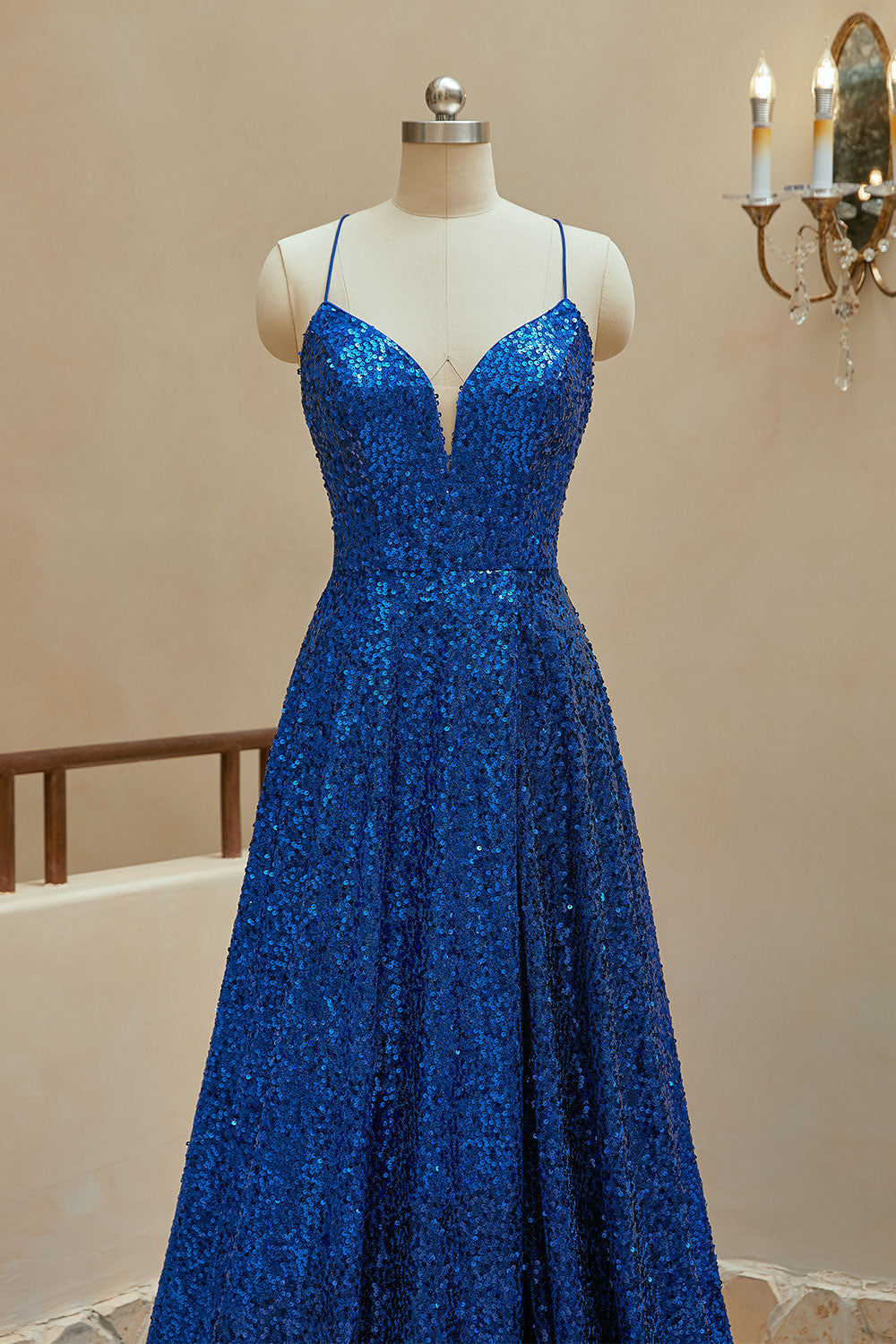 Luolandi A Line Spaghetti Straps Sequin Prom Dresses With Slit Sparkly Evening Dresses