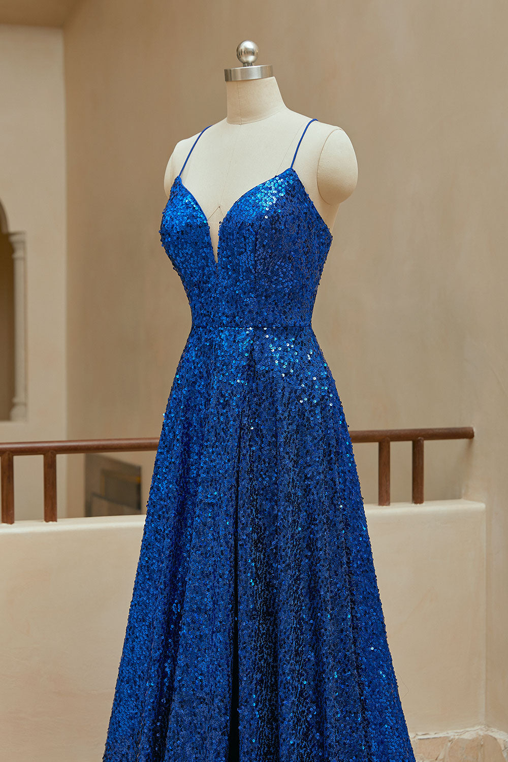 Luolandi A Line Spaghetti Straps Sequin Prom Dresses With Slit Sparkly Evening Dresses