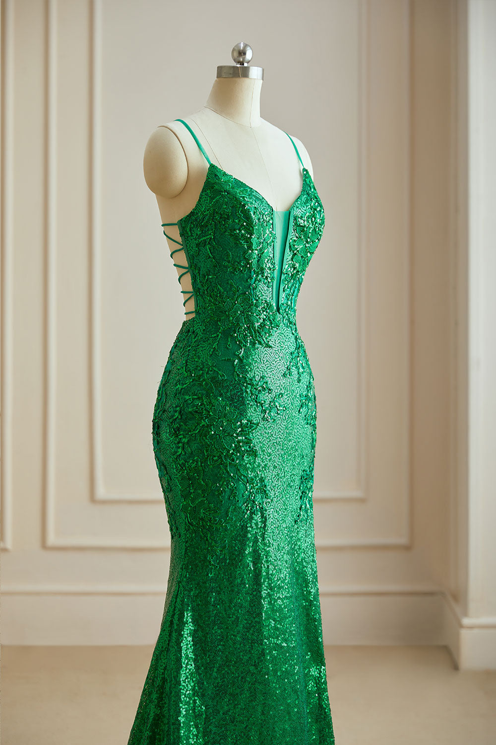 Luolandi Mermaid Spaghetti Straps V Neck Sequin Slit Prom Dresses with Appliques Sexy Evening Dresses