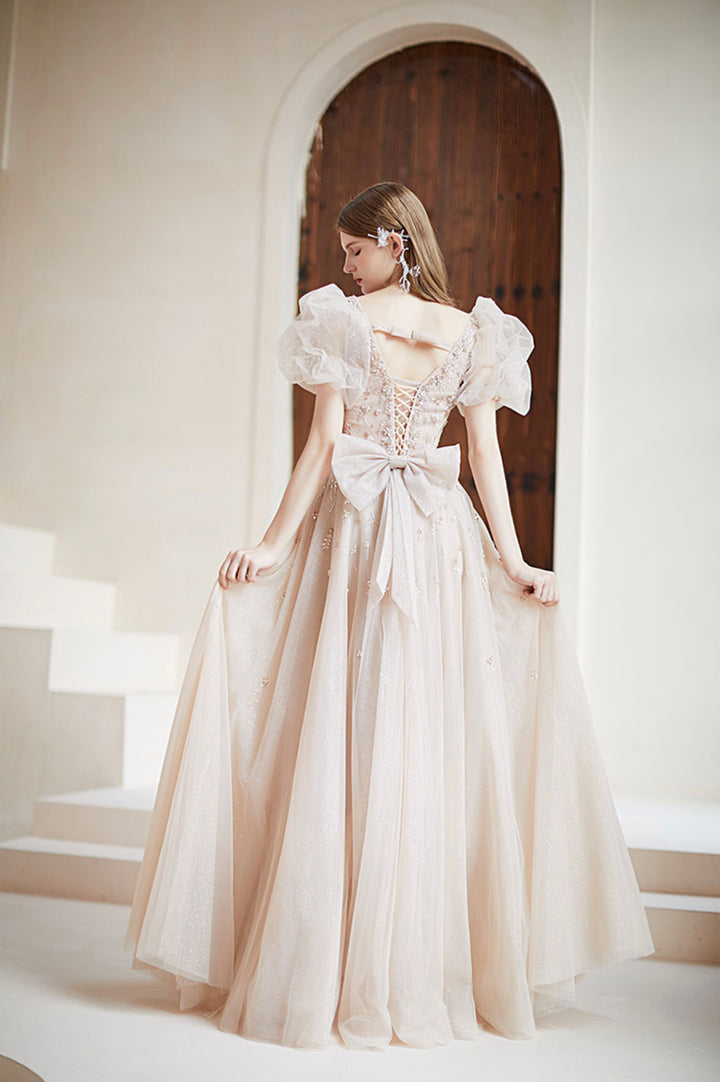 Luolandi Champagne Puff Sleeve Tulle Long Prom Dress A-Line Evening Dress Floor Length