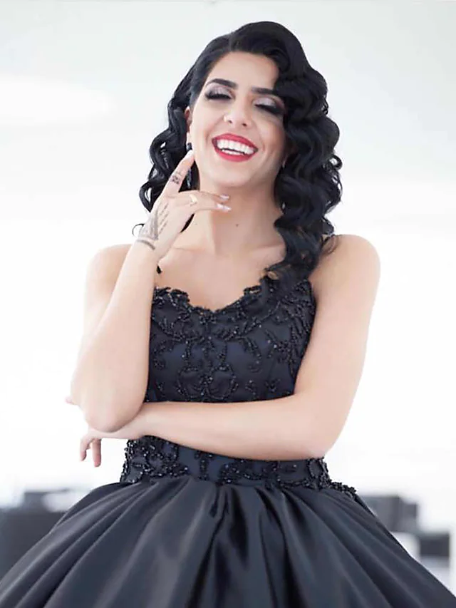 Luolandi Ball Gown Wedding Dresses Sweetheart Neckline Court Train Lace Satin Spaghetti Strap Black with Draping