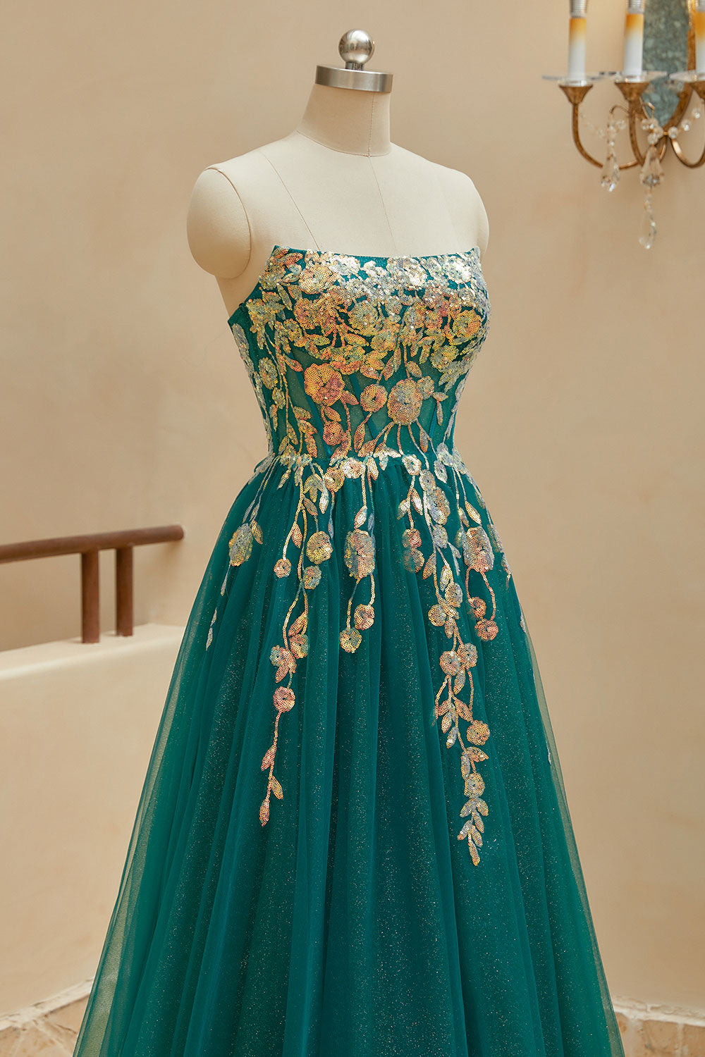 Luolandi A Line StraplessTulle Slit Prom Dresses with Appliques Off Shoulder With Slit