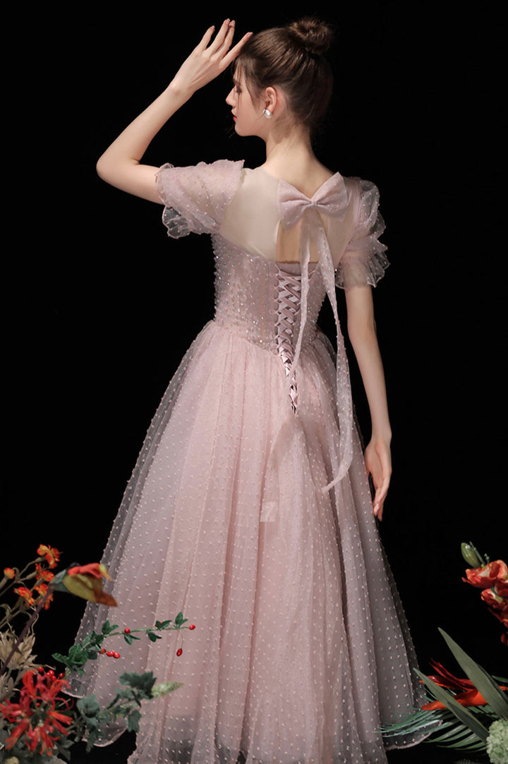 Luolandi Pink Tulle Beading Tea Length Prom Dresses A-Line Homecoming Dresses Beautiful