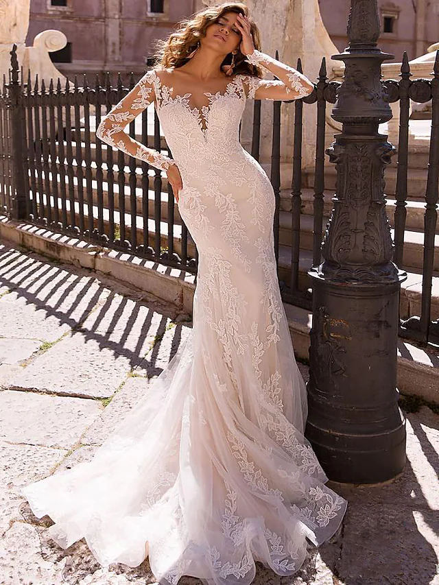 Luolandi Wedding Dresses V Neck Court Train Lace Long Sleeve Formal Romantic Casual Modern Detachable Illusion Sleeve