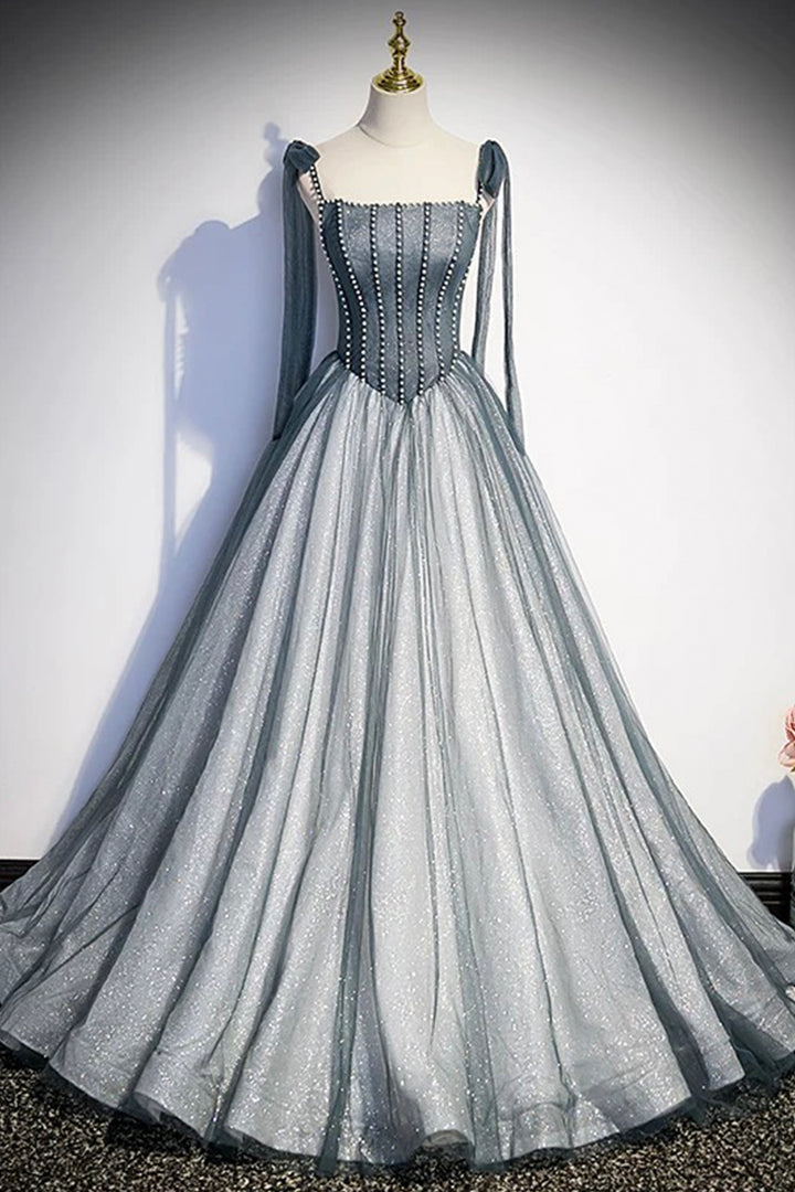 Luolandi Gray Spaghetti Straps Long A-Line Prom Dress Gray Evening Dress with Beaded Sparkly