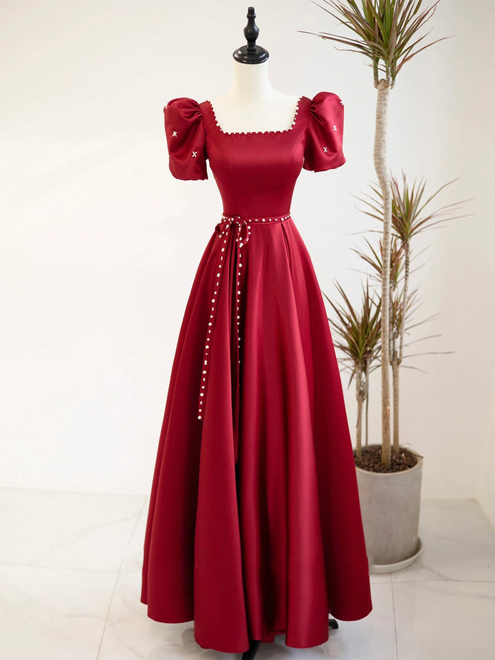Luolandi Burgundy Satin Short Sleeve Floor Length Prom Dress Evening Dress with Pearls