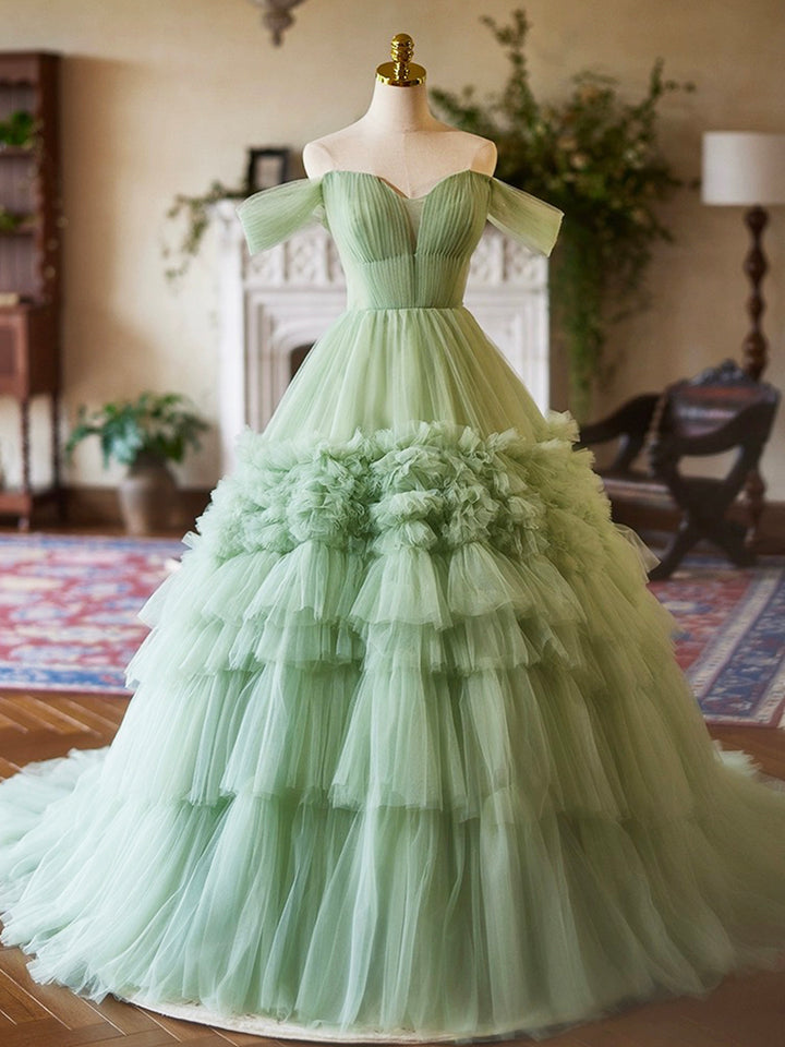 Luolandi A-Line Green Tulle Long Party Dress Off the Shoulder Formal Evening Dress Prom Dress