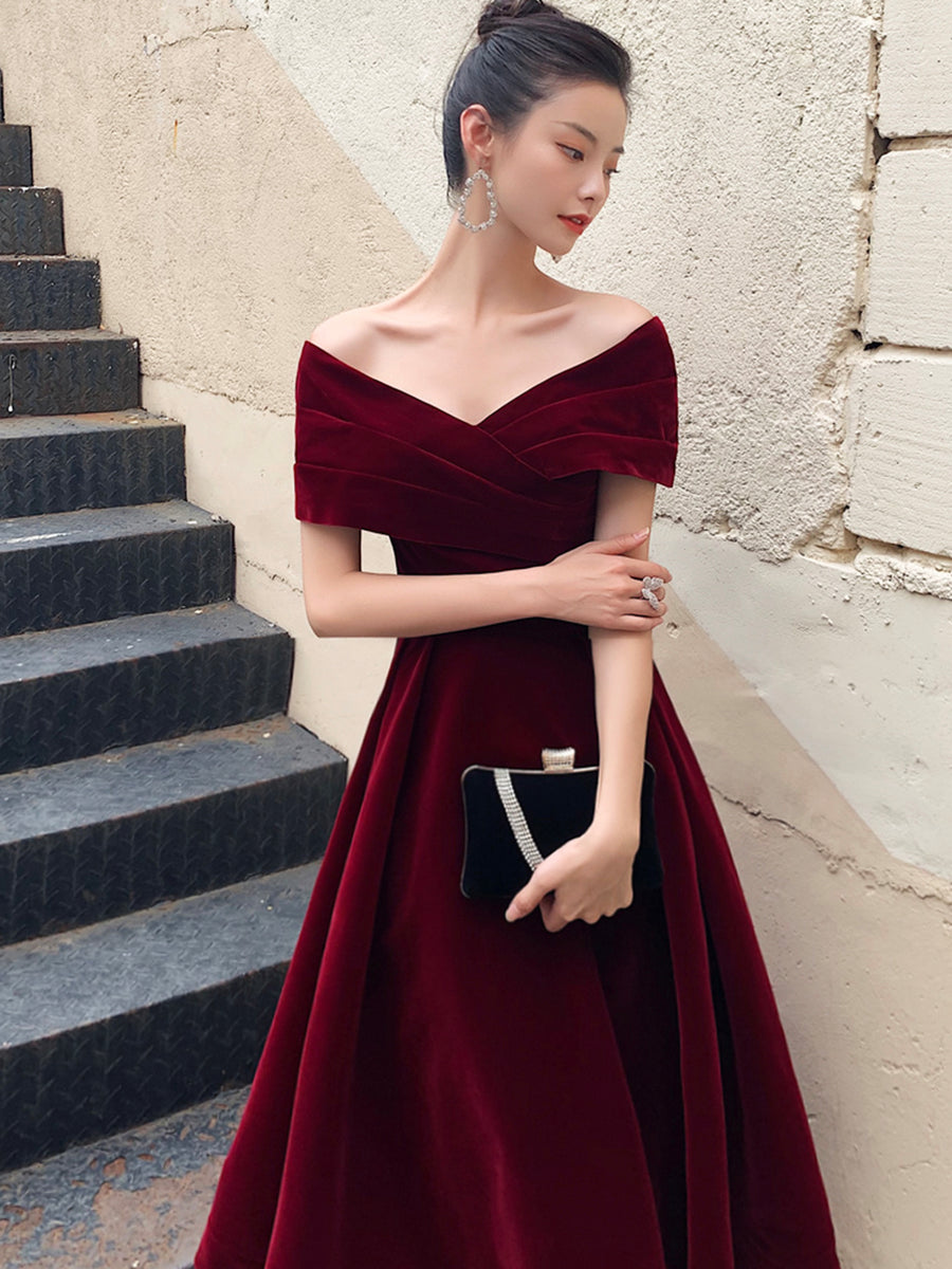 Luolandi Burgundy V-Neck Velvet Long Prom Dress Off Shoulder Evening Party Dress Sexy