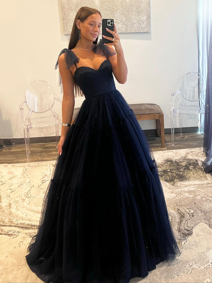 Luolandi Dotted Tulle A Line Prom Dresses A-Line Sweetheart Neckline Bow Tie Shoulder Evening Dresses