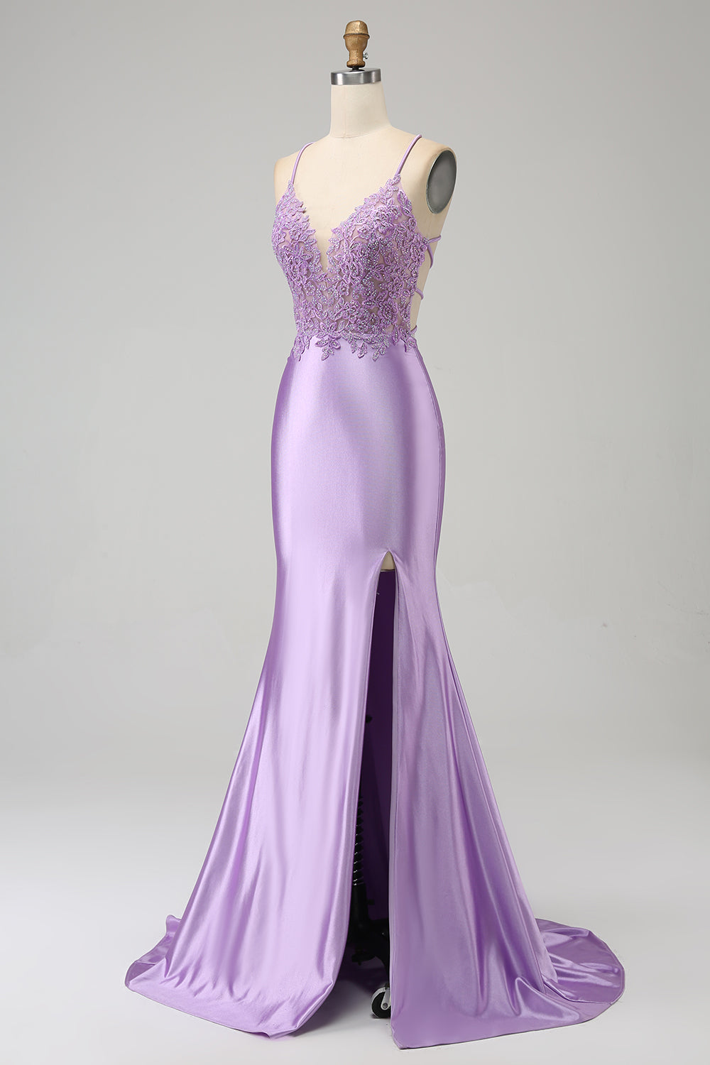 Luolandi Stylish Lilac Mermaid Spaghetti Straps Long Prom Dress with Appliques Slit Sexy Evening Dresses