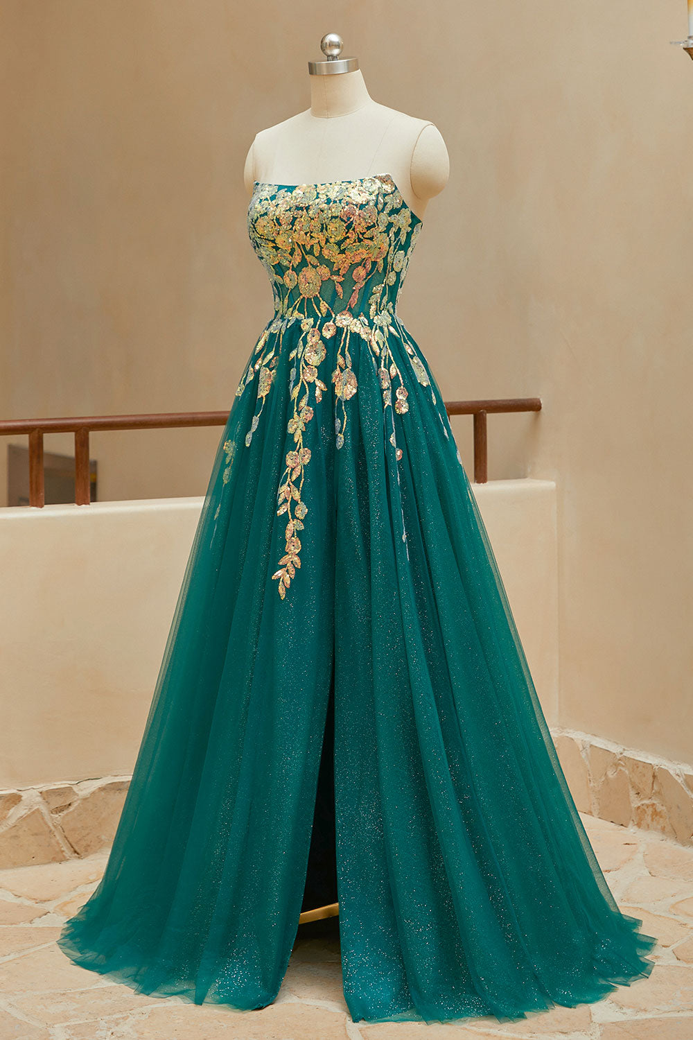 Luolandi A Line StraplessTulle Slit Prom Dresses with Appliques Off Shoulder With Slit