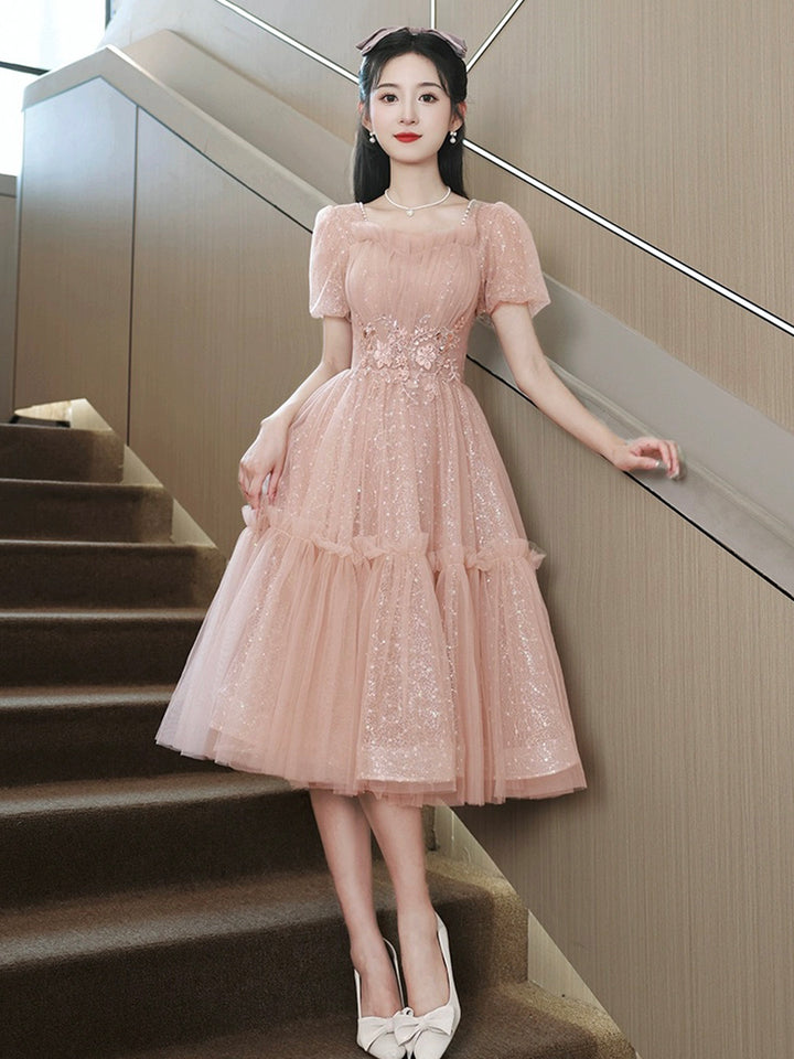 Luolandi Pink Tulle Sweetheart Short Prom Dress Short Sleeve Party Dress Formal Dress