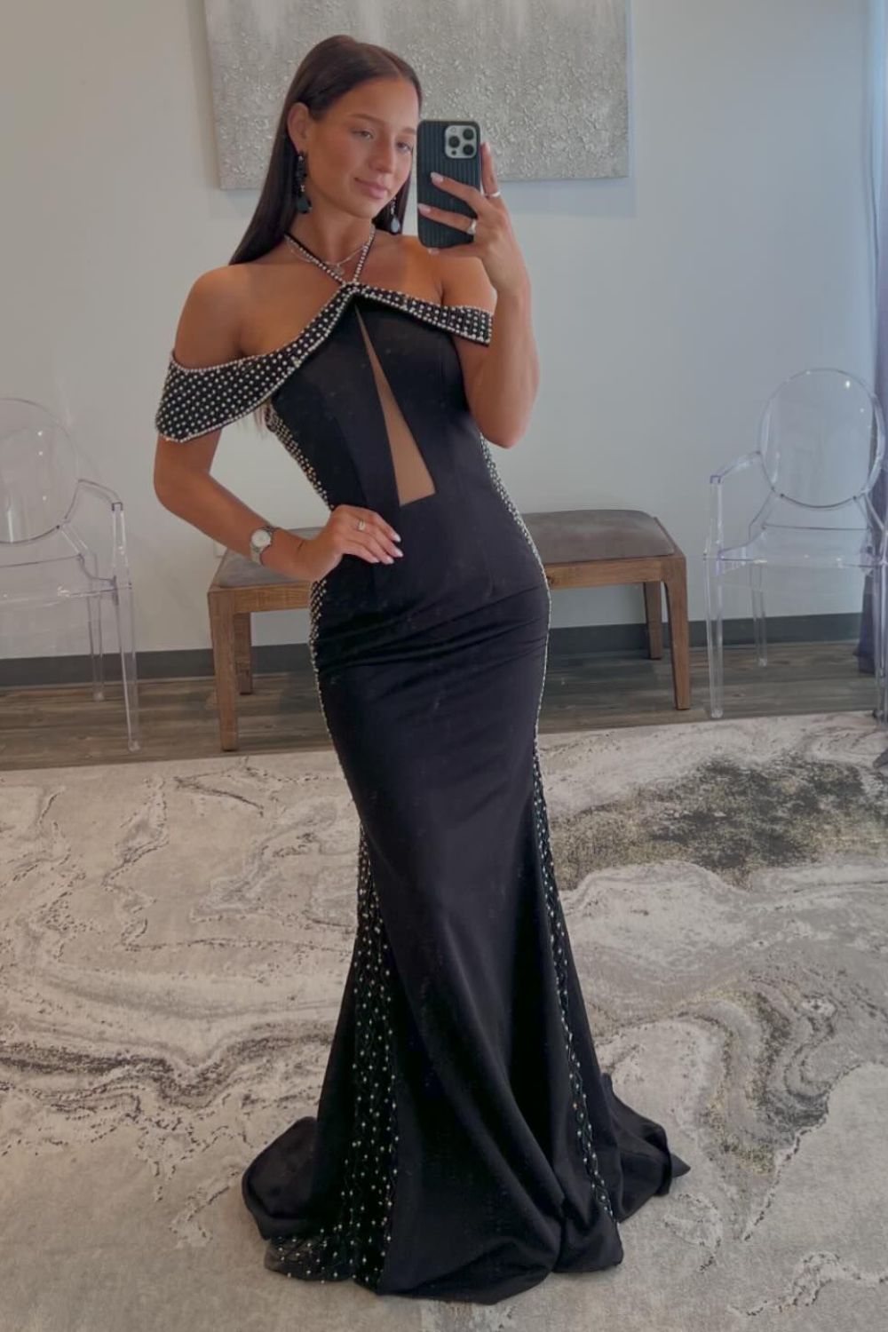 Luolandi Sexy Open Back Halter Beaded Ruched Bodice Evening Dresses Spandex Mermaid Prom Dresses Floor Length