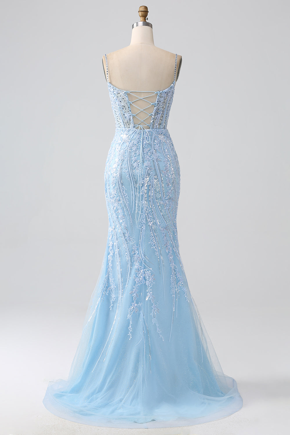 Luolandi Sparkly Sky Blue Mermaid Spaghetti Straps Corset Long Prom Dress With Sequins Beautiful