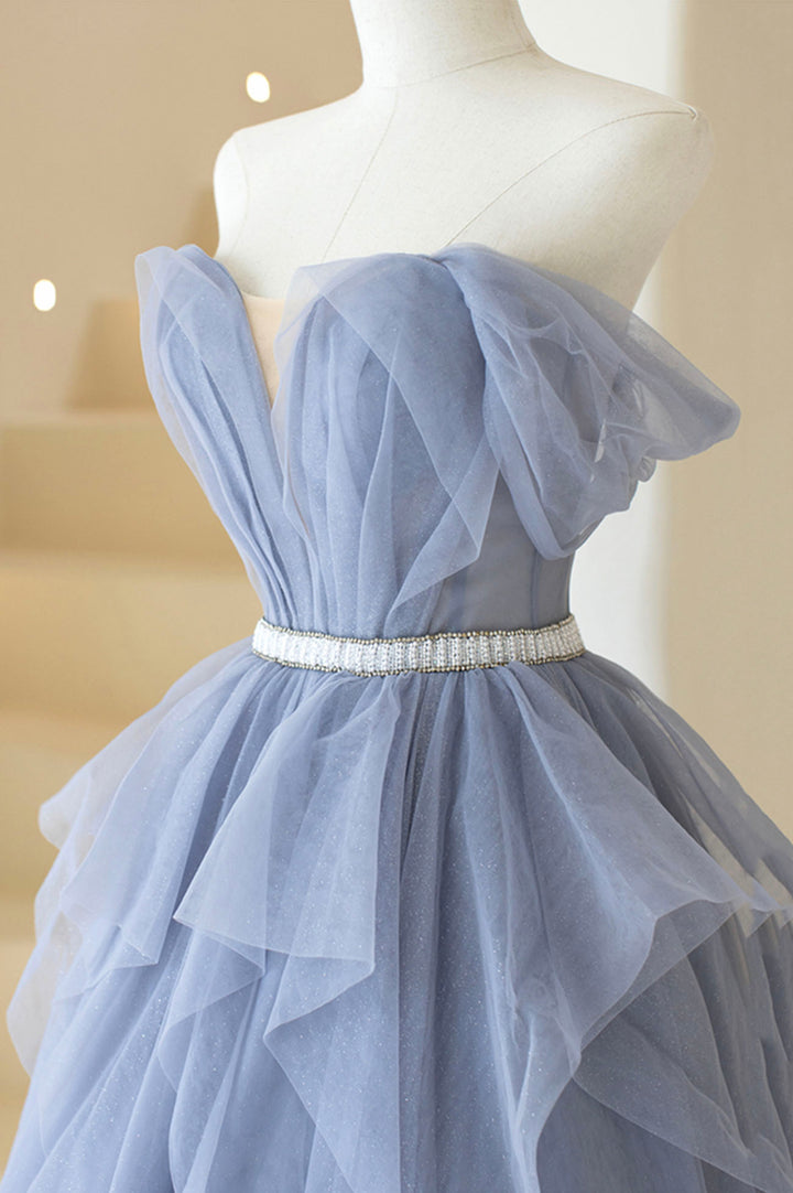 Luolandi Blue Off Shoulder Tulle Long Formal Dress A-Line Blue Evening Dress Beautiful