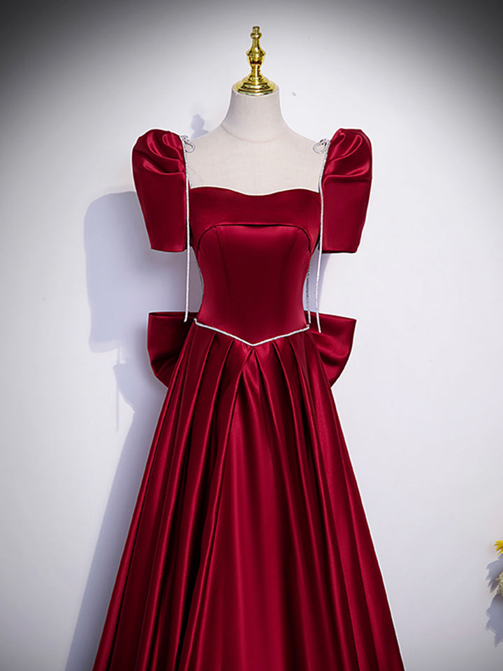 Luolandi Beautiful Satin Floor Length Prom Dress with Bowknot Burgundy Short Sleeve Evening Dress Sexy