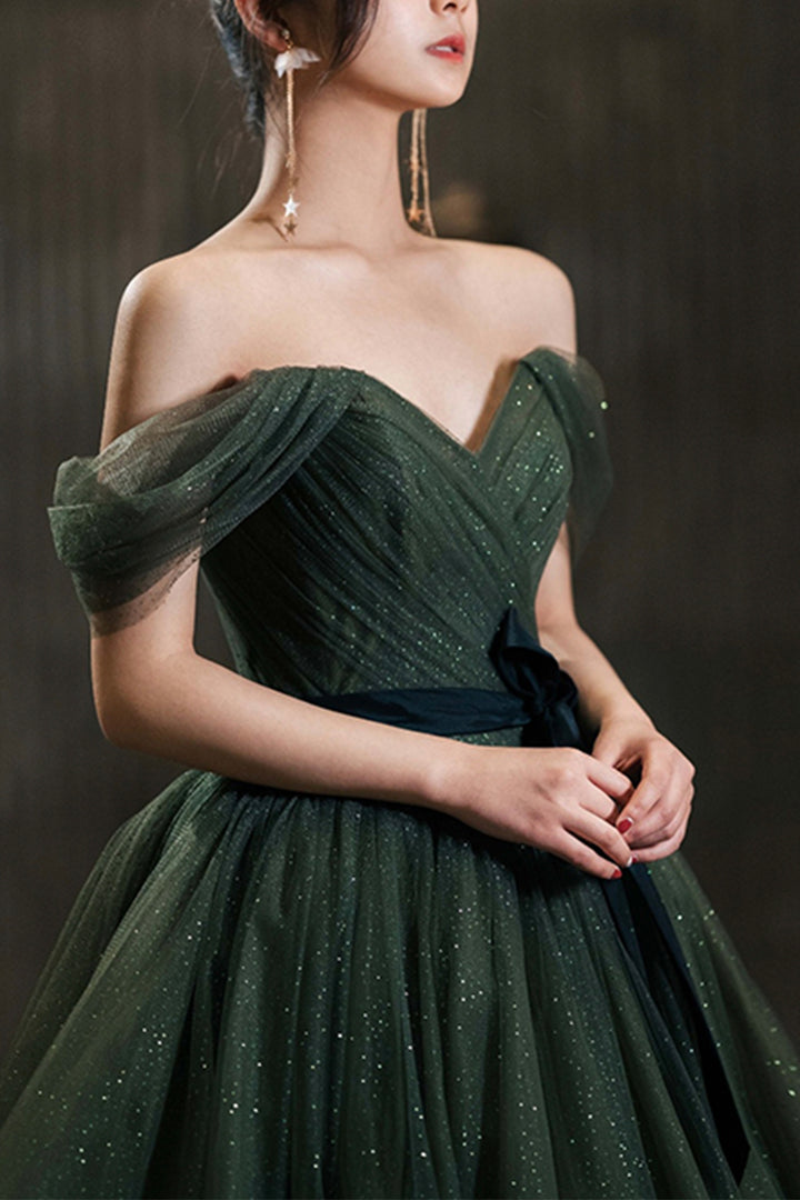 Luolandi Beautiful Green Tulle Long Prom Dress A-Line Off the Shoulder Graduation Dress Sexy Party Dress