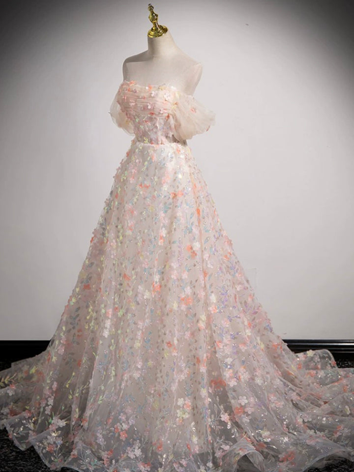 Luolandi Lovely Three-dimensional Floral Floor Length Prom Dress Off the Shoulder Evening Party Dress With Flowers