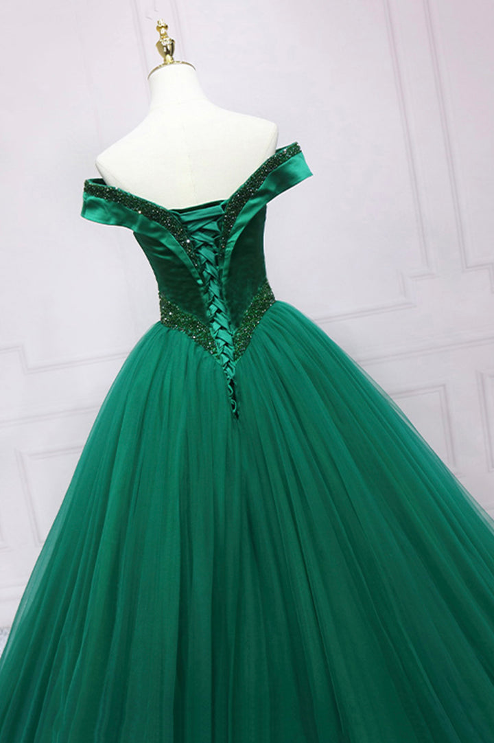 Luolandi Green Tulle Long A-Line Ball Gown Off the Shoulder Evening Dress Sexy