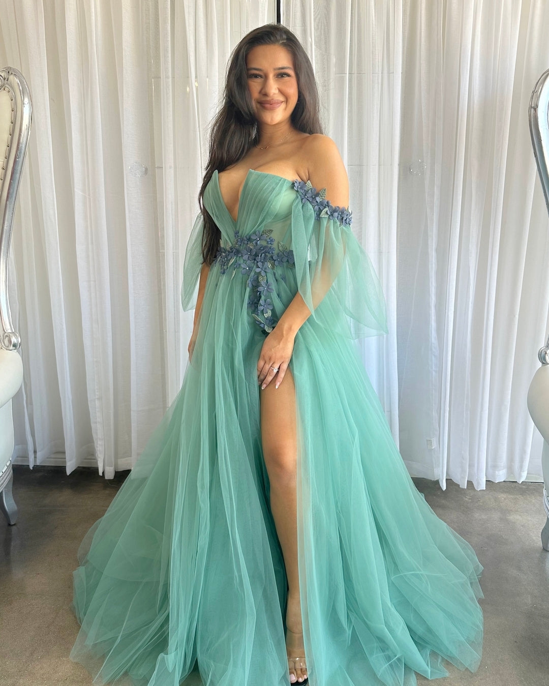 Luolandi Off The Shoulder Prom Dresses A Line Tulle With Applique And Slit With Flowers