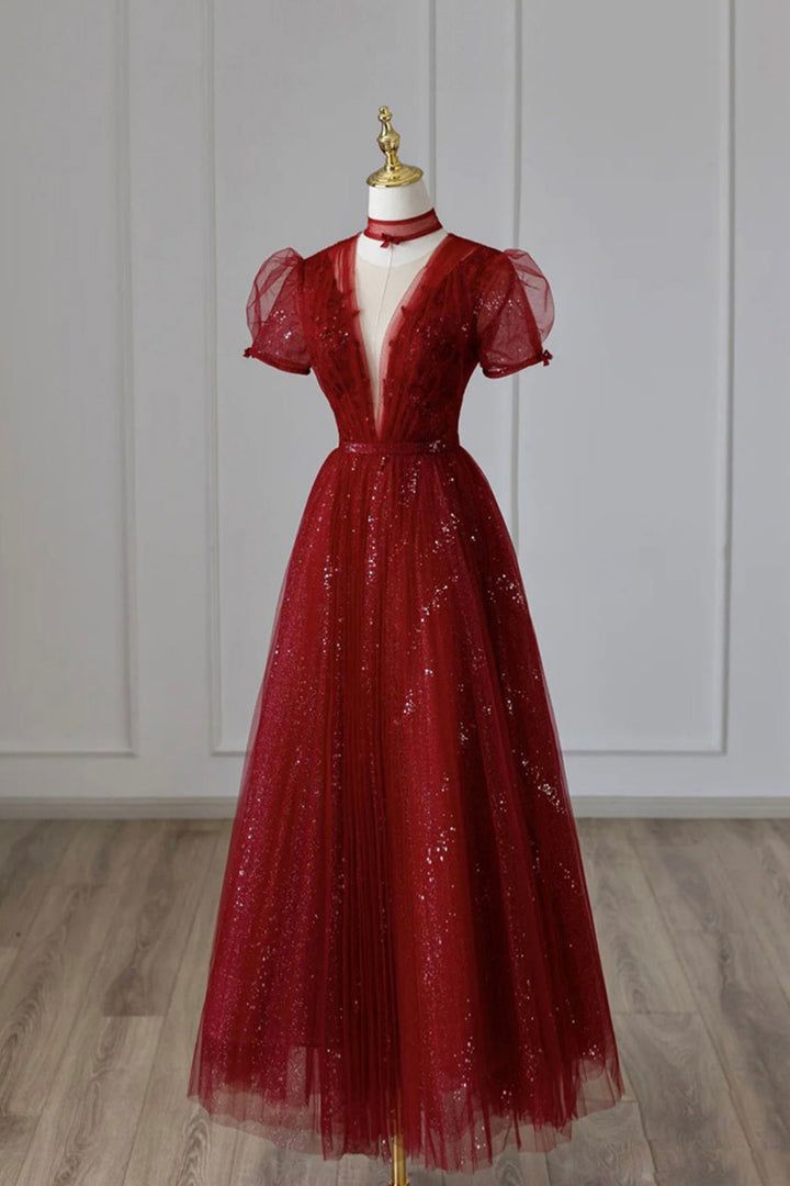 Luolandi Burgundy Tulle Sequins Tea Length Prom Dress A-Line Evening Dress V-neck Without Neck accessories