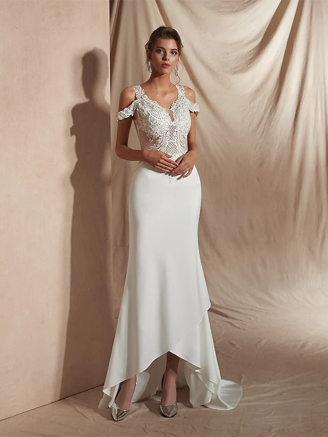Luolandi Mermaid Trumpet Wedding Dresses V Neck Asymmetrical Matte Satin Short Sleeve Casual Sexy Illusion Detail Modern