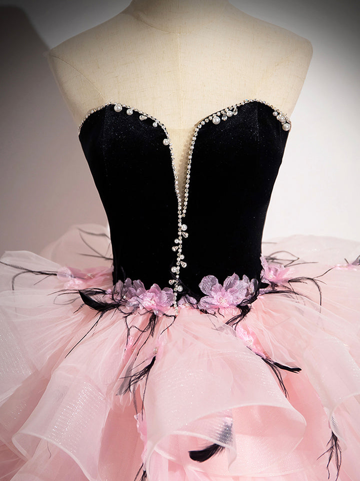 Luolandi Tulle and Black Velvet Strapless Party Gown Pink Backless Ruffles Formal Evening Dress