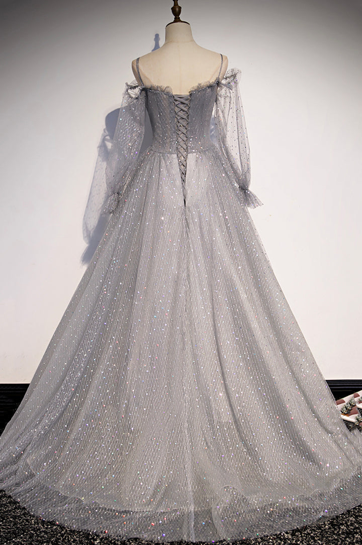 Luolandi Gray Tulle Sequins Long Prom Dress Long Sleeve Evening Dress Sparkly