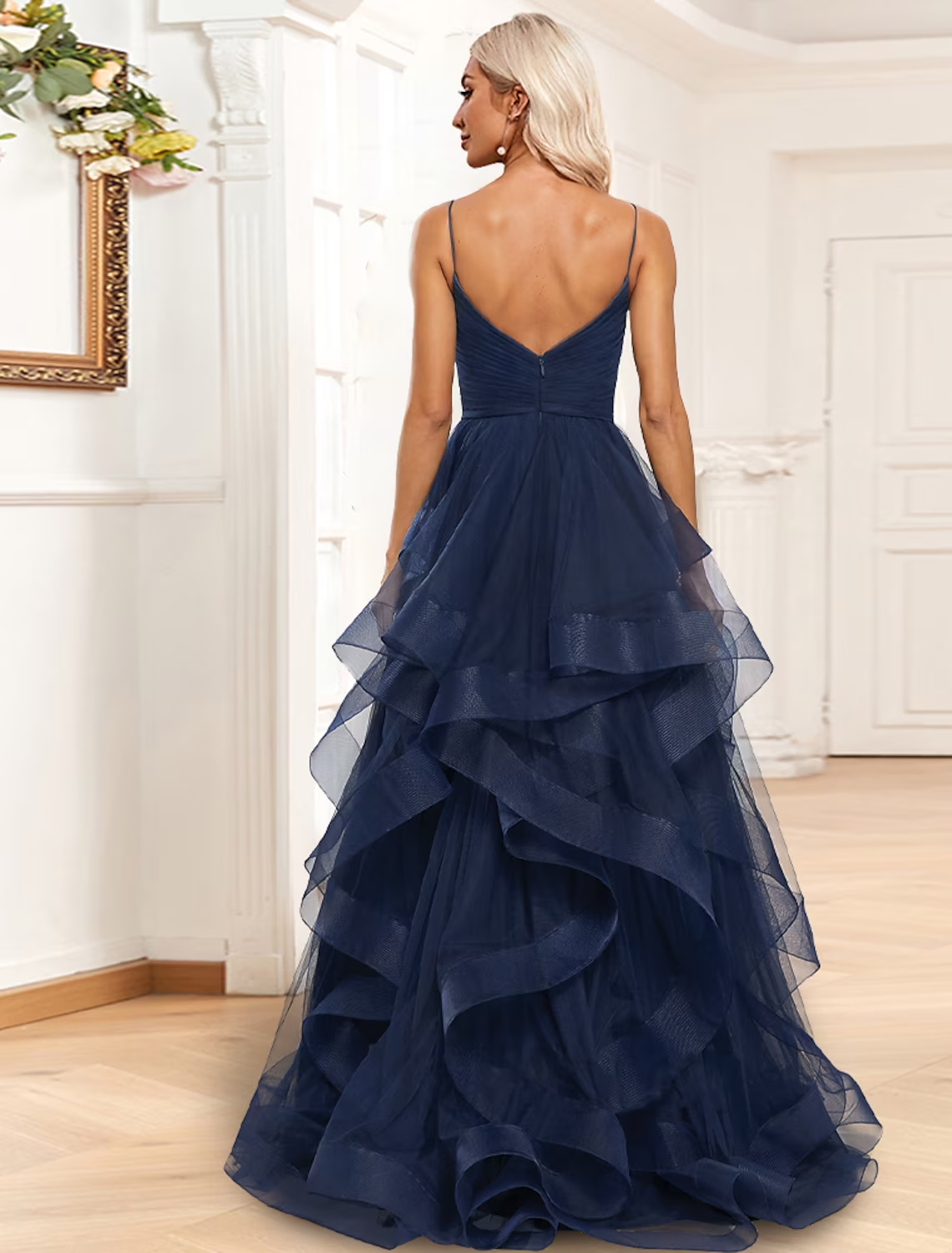 Luolandi A-Line Evening Gown Tiered Dress Formal Sweep / Brush Train Sleeveless Spaghetti Strap Organza with Ruched Ruffles