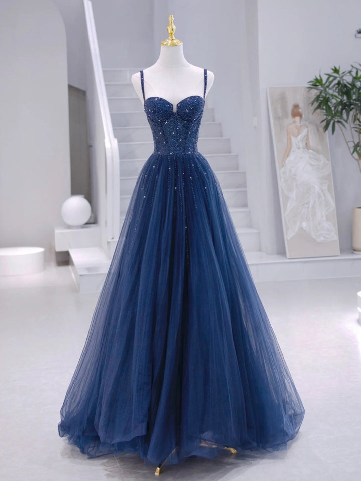 Luolandi Blue Tulle Beaded Long Formal Dress Blue Evening Dress Floor Length Sparkly Prom Dress