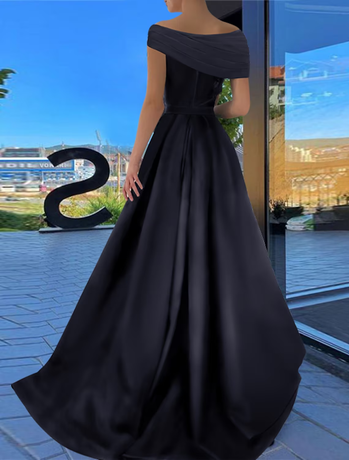 Luolandi A-Line Prom Dresses Little Black Dress Dress Formal Floor Length Short Sleeve Off Shoulder Satin