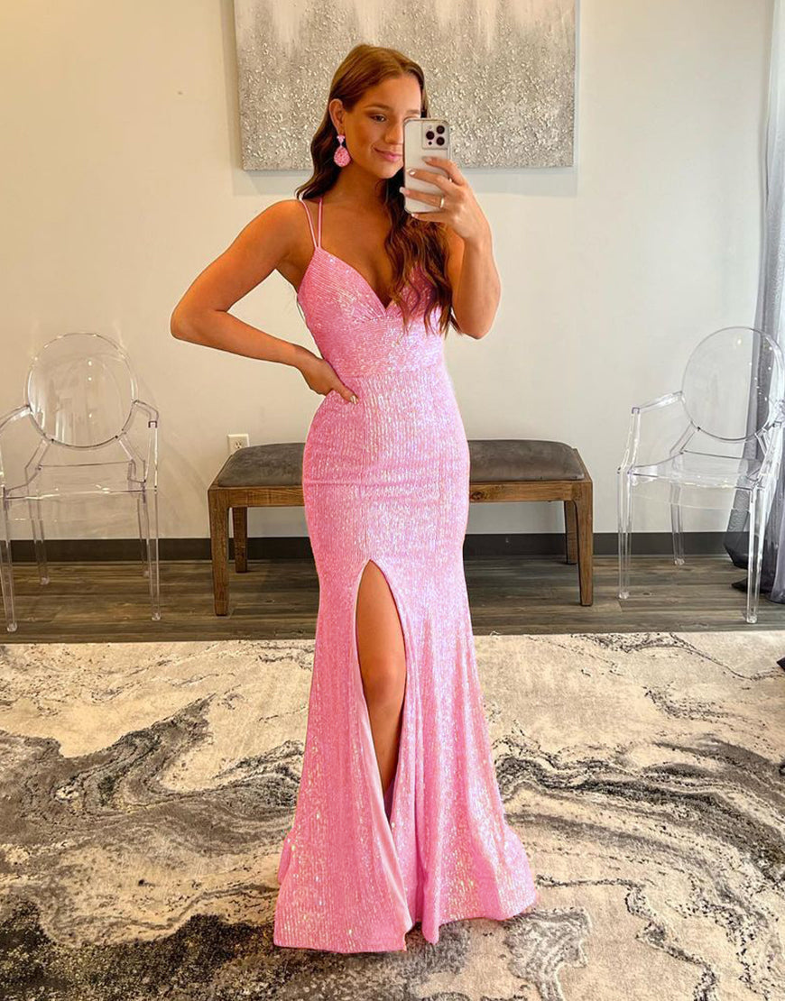 Luolandi Glitter Mermaid Pink Sequins Mesh Long Prom Dress
