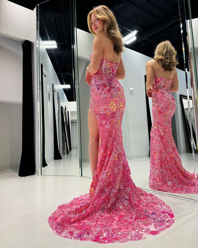 Luolandi Strapless Pink Front Split Simple Elegant Long Appliques Prom Dresses Sexy Evening Dresses