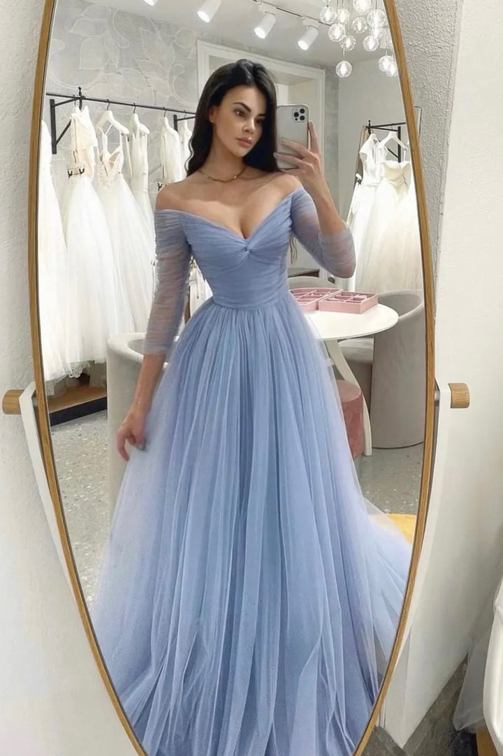 Luolandi Elegant Off the Shoulder Tulle Long Prom Dress A-Line Blue Sexy Evening Party Dress