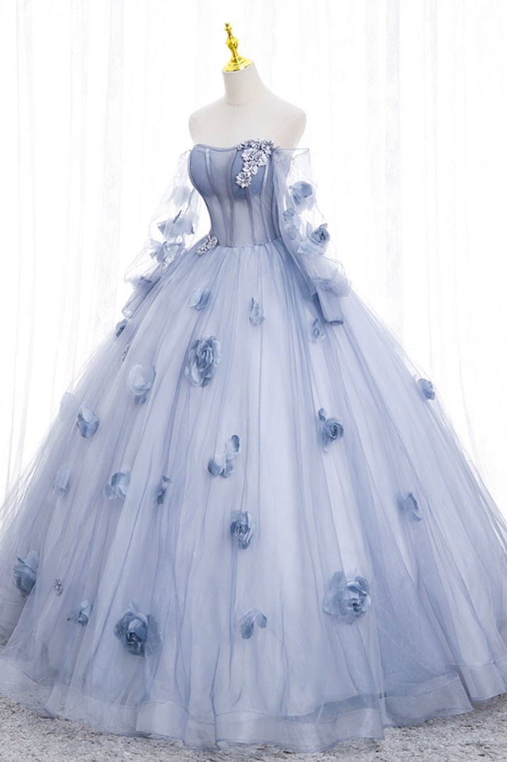 Luolandi Blue Tulle Long Sleeve Prom Dress A-Line Off the Shoulder Evening Gown With Flowers
