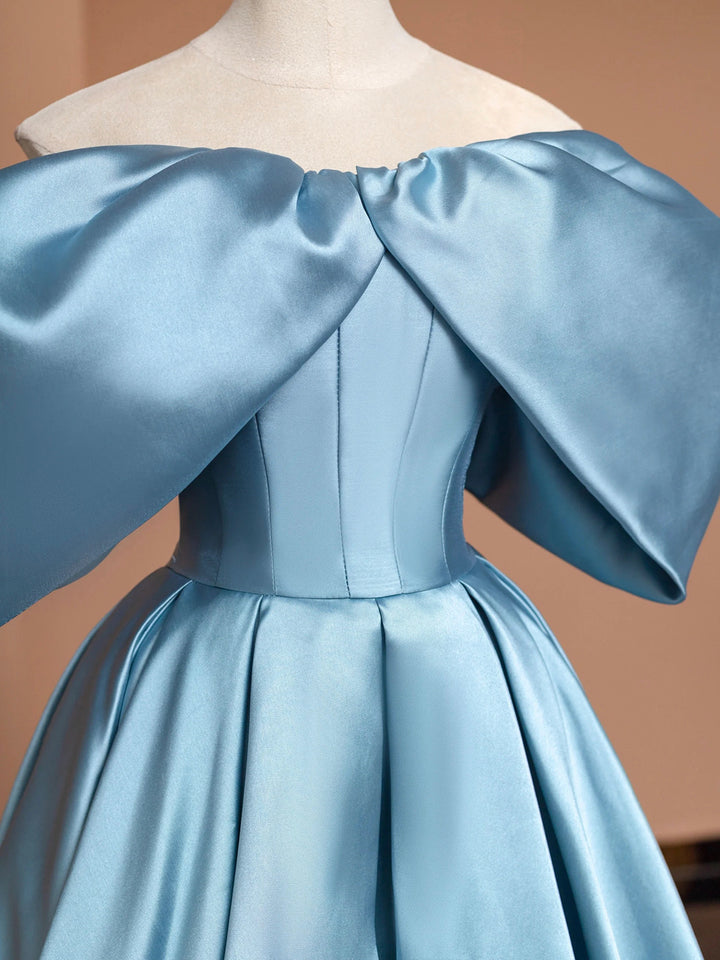 Luolandi Blue Satin Floor Length Prom Dress Off the Shoulder Evening Party Dress Off Shoulder