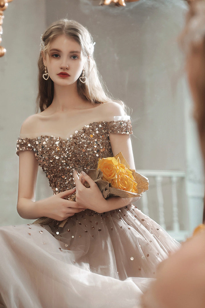 Luolandi Off the Shoulder Beading Long Prom Dresses A-Line Evening Dresses Sparkly