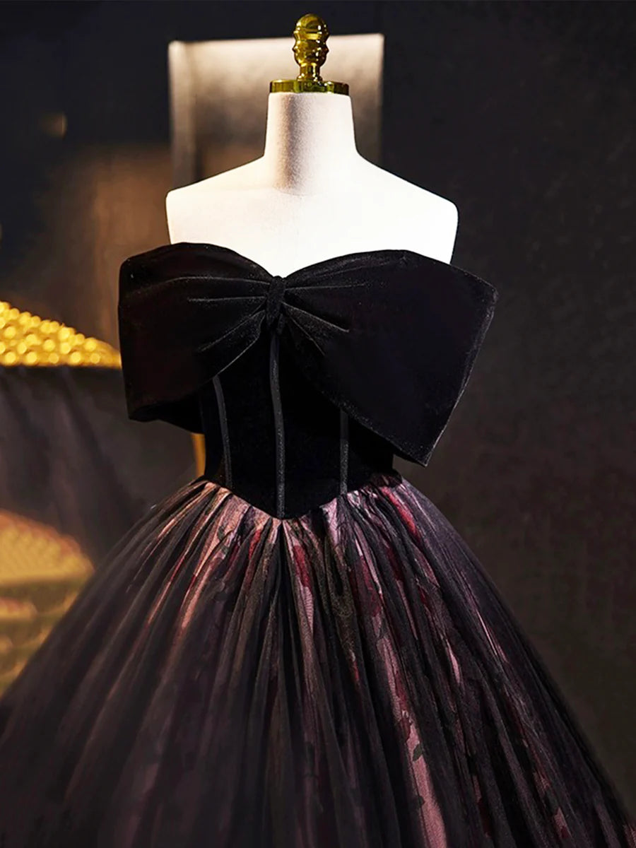 Luolandi Black Velvet Tulle Long Prom Dress with Rose Print Pattern Elegant Off the Shoulder Party Dress Sexy