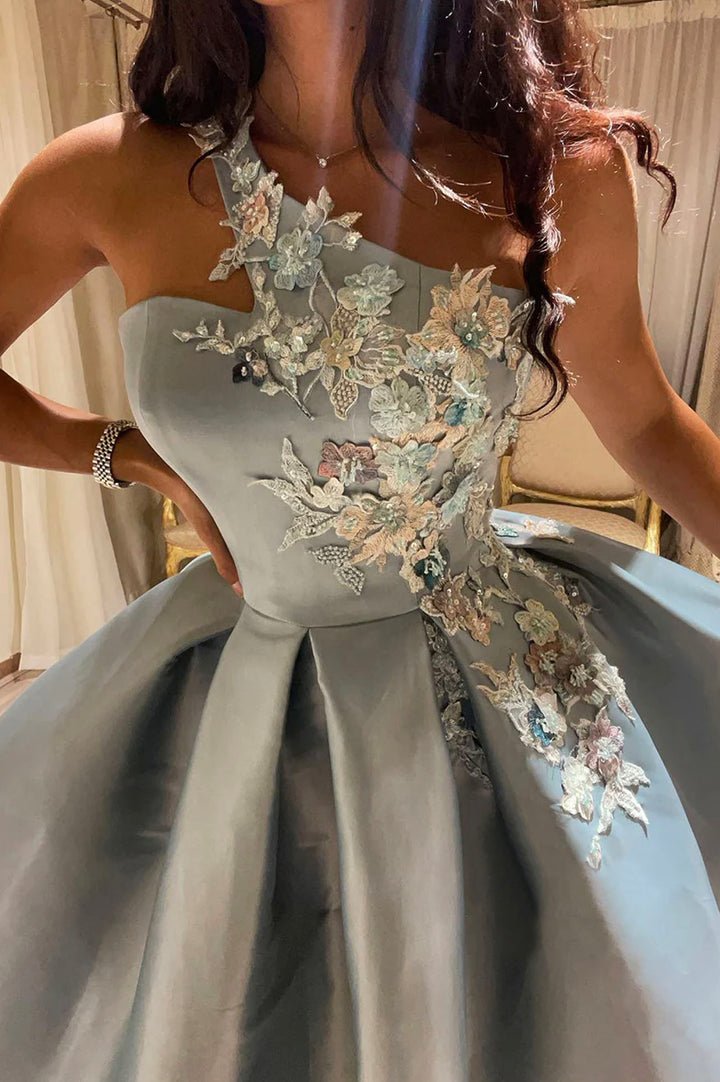 Luolandi Cute One Shoulder Satin Lace Short Prom Dress A-Line Party Dress Homecoming Dresses